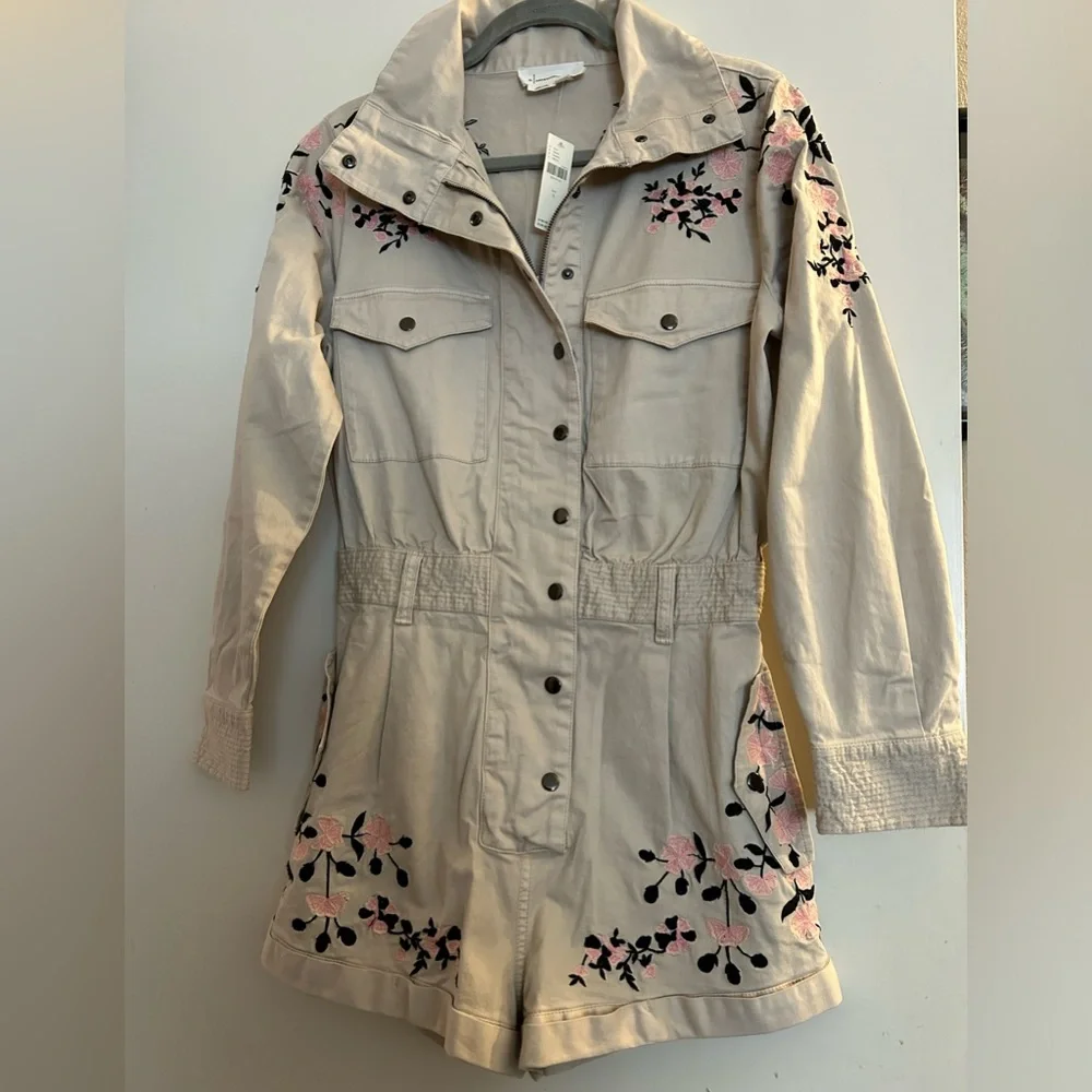 Embroidered Beige Utility Romper